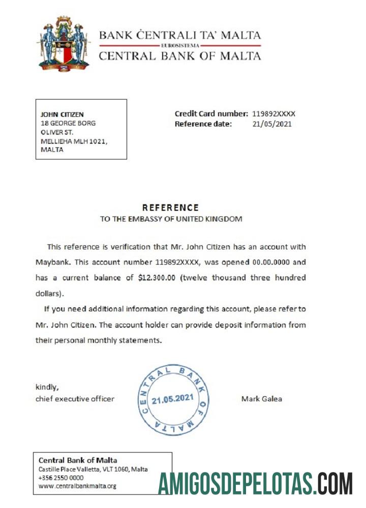 Referência do Banco Central de Malta de Malta exemplo real